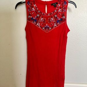Floral-embroidered red tank top